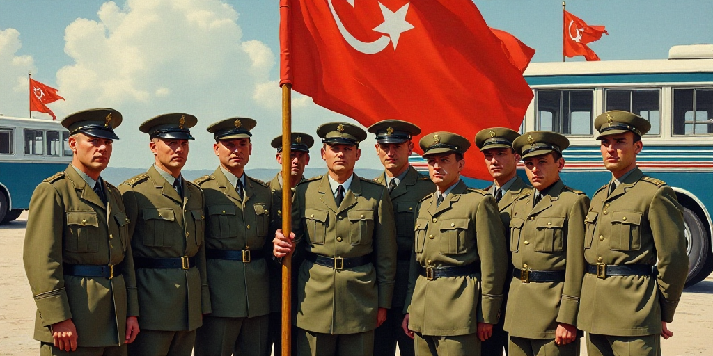 a group of soldiers posing for a picture with a flag and a bus in the background with a flag on it,