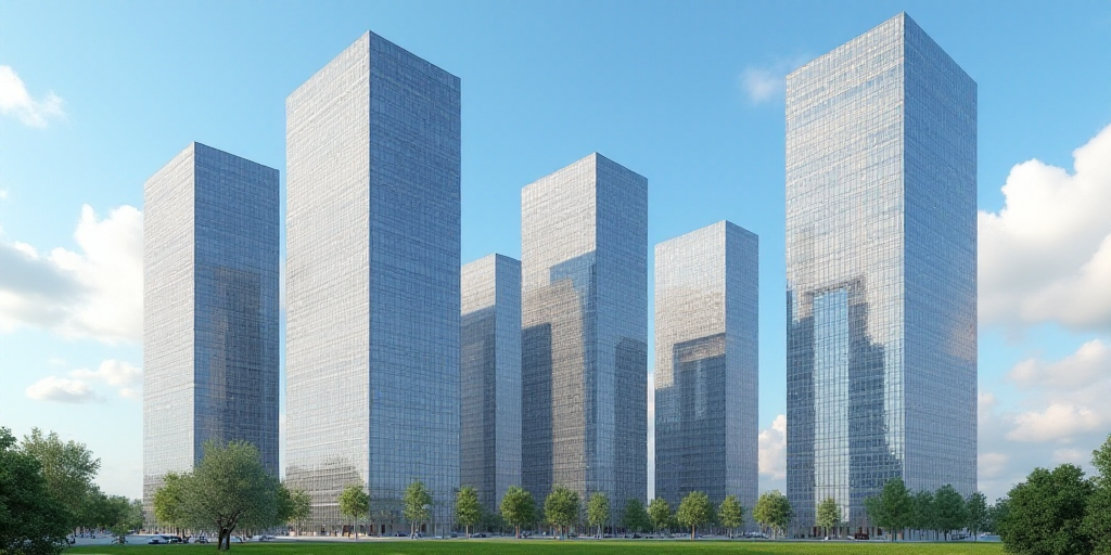 a group of tall buildings with a sky background and clouds in the background, with a blue sky and so