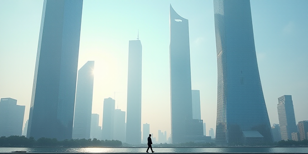 a group of tall buildings with a sky background and a person walking in the foreground of the photo,