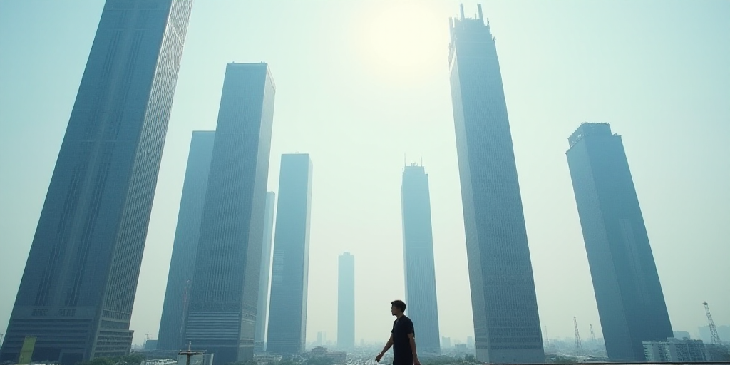 a group of tall buildings with a sky background and a person walking in the foreground of the photo,