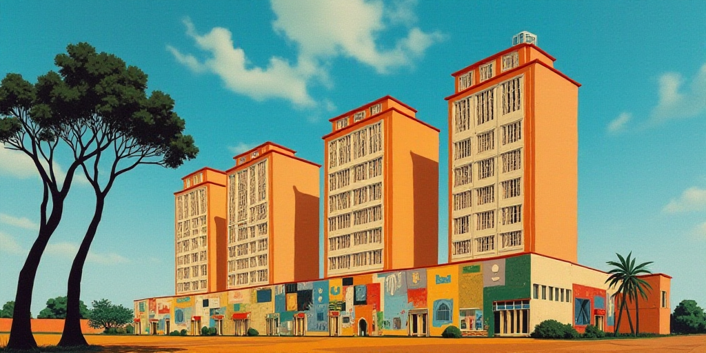 a group of tall buildings with a sky background and a tree in the foreground with a blue sky, David