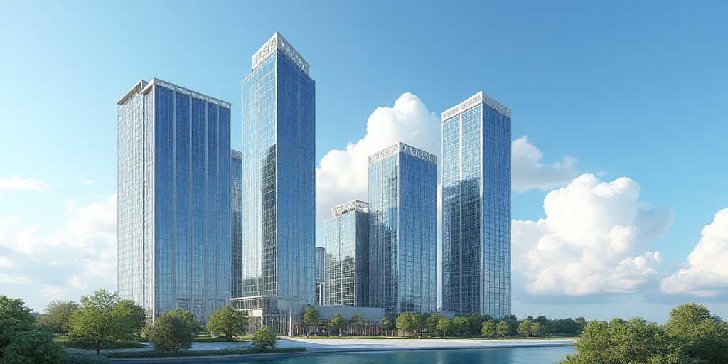 a group of tall buildings with a sky background and clouds in the background, with a blue sky and so