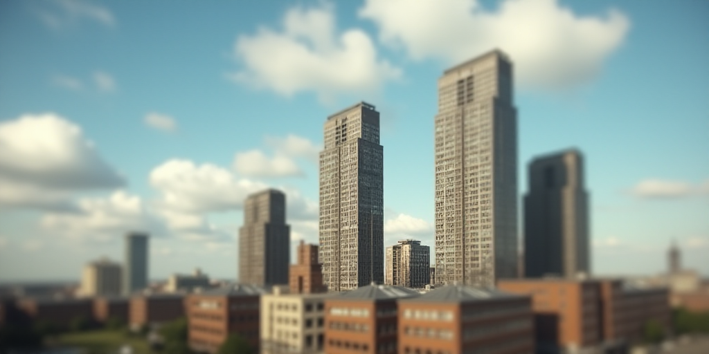 a group of tall buildings with a sky background and a few clouds in the sky above them, with a few b