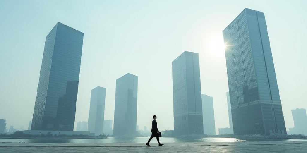 a group of tall buildings with a sky background and a person walking in the foreground of the photo,