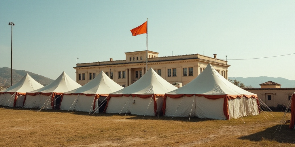 a group of tents set up in front of a building with a flag on top of it and a flagpole in the backgr