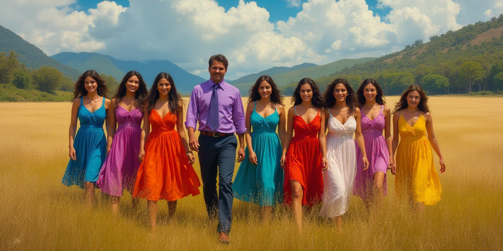 a group of women in colorful dresses walking in a field with a man in a purple shirt and tie, Aracel