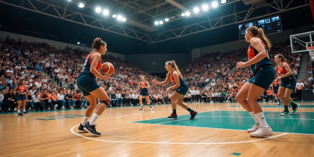a group of women playing a game of basketball on a court with a crowd watching them from the stands,