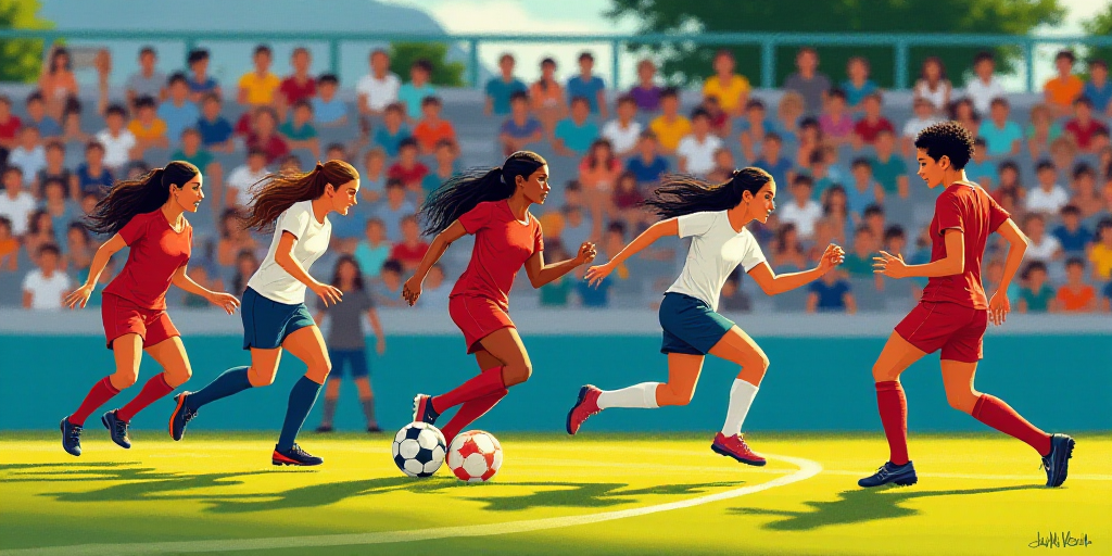a group of women playing a game of soccer on a field with spectators watching from the stands behind