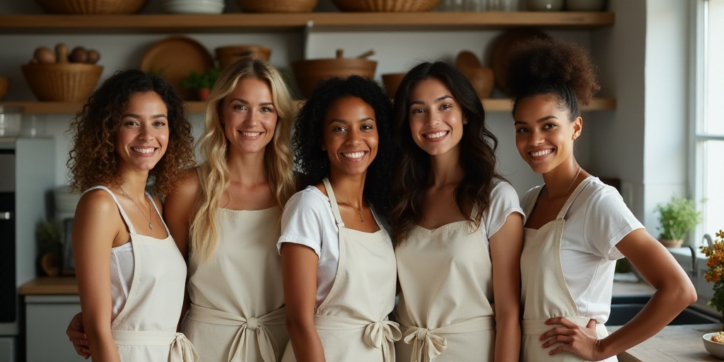 a group of women standing next to each other in a kitchen with a basket on the wall behind them, Ell