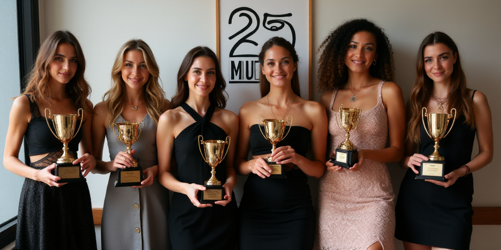 a group of women standing next to each other holding trophies in front of a sign that says 25 muress