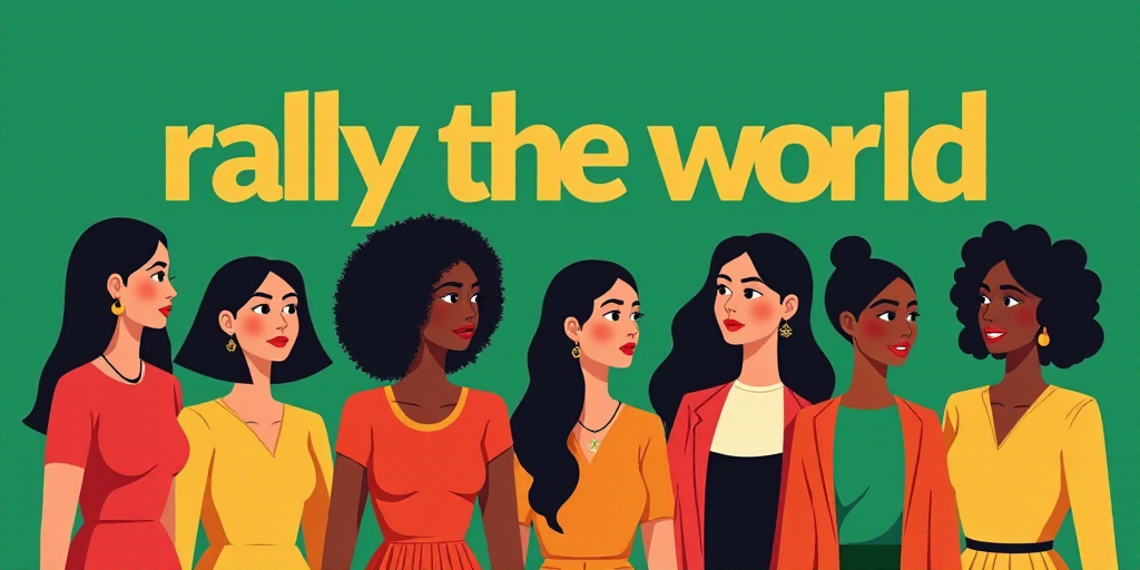 a group of women standing next to each other in front of a green background with the words, rally th