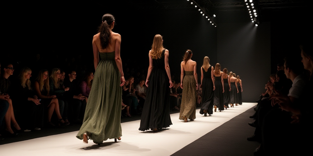a group of women walking down a runway at a fashion show in a dark room with a crowd of people, Didi