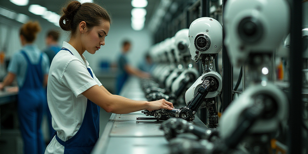 a group of women working on a machine in a factory or assembly line with a man in the background, Á