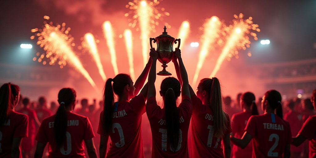 a group of women's soccer players holding up a trophy in front of a crowd of people with fireworks,