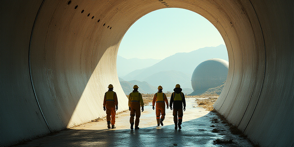 a group of workers walking through a tunnel with a large circular object in the background of the ph