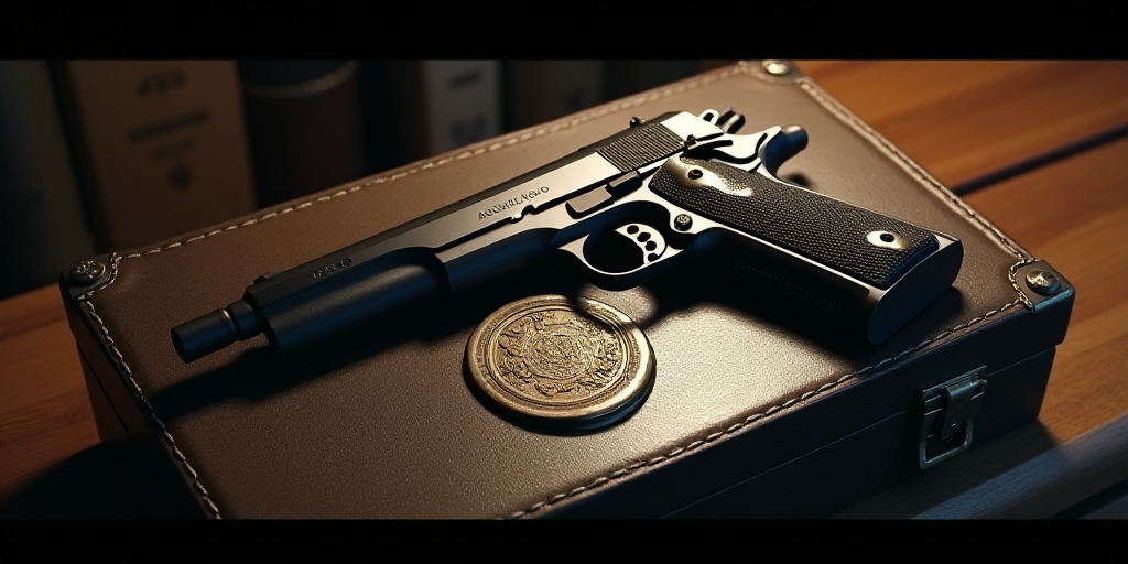 a gun, a gun and a badge on a gun case with a seal on it and a gun, Aquirax Uno, vfx, a screenshot,