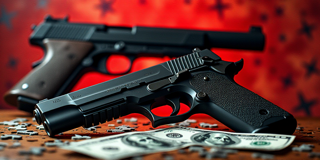 a gun and a gun on a table with money and a gun in the background with a red and black collage, Andr