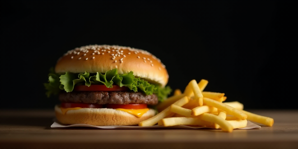 a hamburger and french fries on a table with a black background and a black background behind it, wi