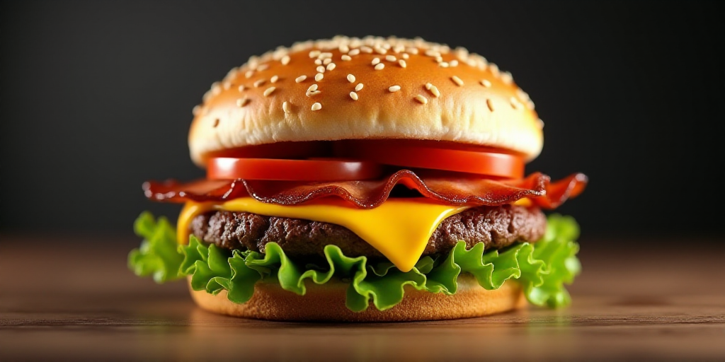 a hamburger with cheese, bacon, tomatoes and lettuce on a bun with sesame seeds on top, Bouchta El H
