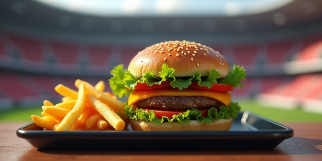 a hamburger with lettuce, tomato, and cheese on a tray with fries on a table in a stadium, Aquirax U