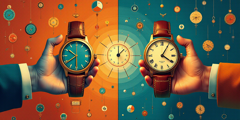 a hand holding a clock with various icons surrounding it and a hand holding a watch with a time on i