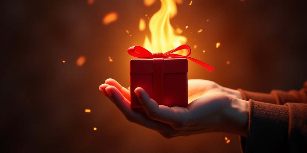 a hand holding a gift with a fire in the background and a sale sign above it that says hot sale, Dav