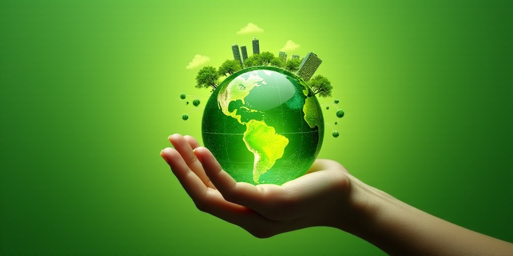 a hand holding a green globe with icons surrounding it and a green background with trees and buildin