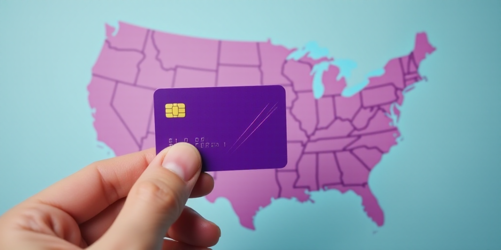 a hand holding a purple credit card over a map of the united states of michigan and michigan highlig