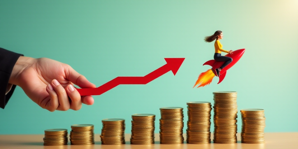 a hand is pulling a red arrow over stacks of coins and a woman is riding a rocket on top of stacks o