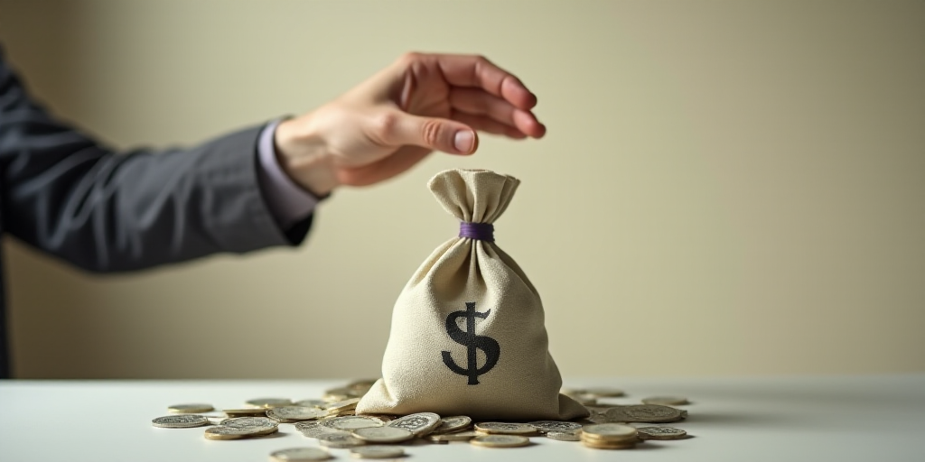 a hand is throwing a bag of money into the air with a pair of fingers on it and a pair of fingers on