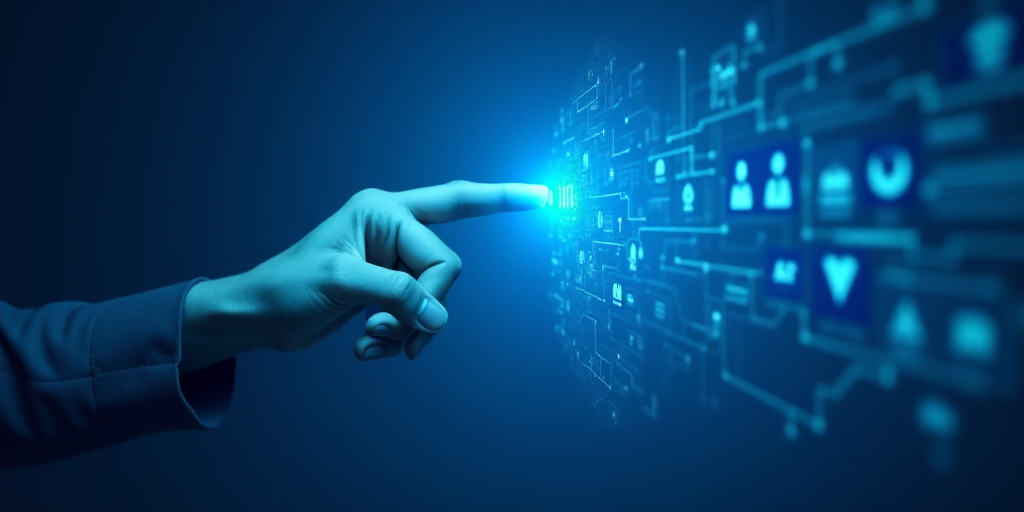 a hand pointing at a blue wall with a bunch of icons on it and a finger pointing at it, Andries Stoc