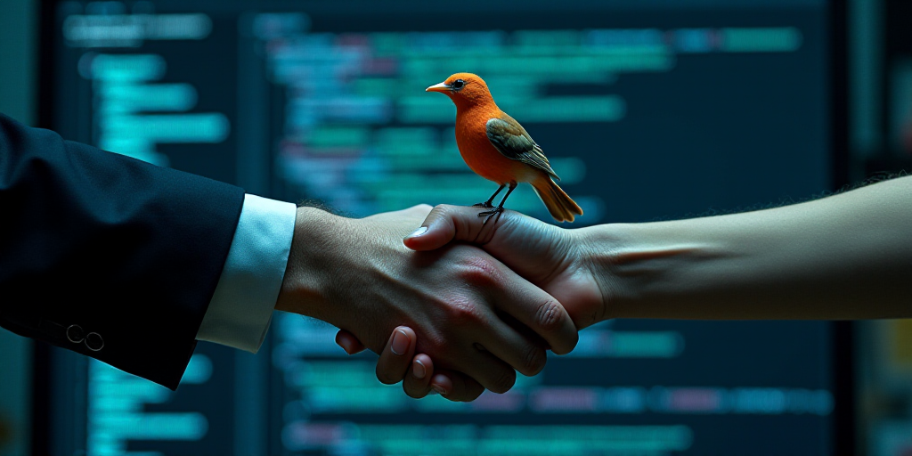 a hand shaking another hand with a bird on top of it, in front of a computer screen with a backgroun