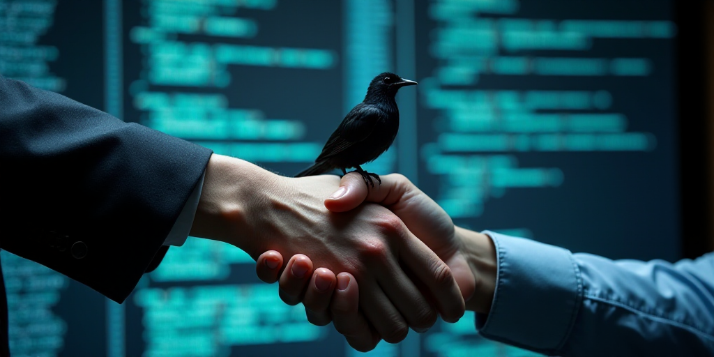 a hand shaking another hand with a bird on top of it, in front of a computer screen with a backgroun