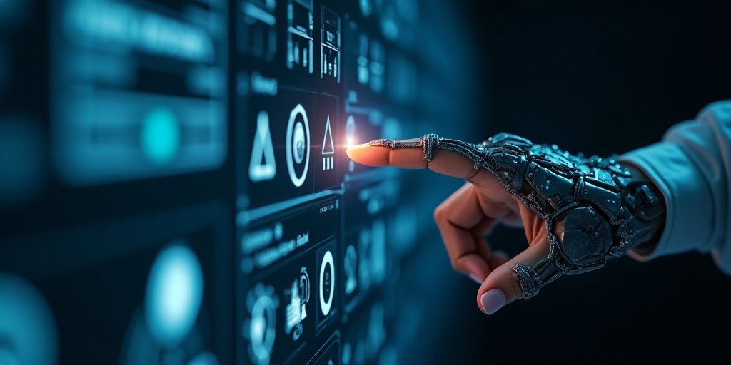 a hand touching a button on a futuristic interface with icons and symbols surrounding it and a finge