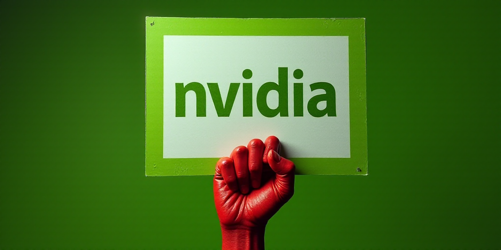 a hand with red paint holding up a green and white sign with the word nvidia on it, Andries Stock, n