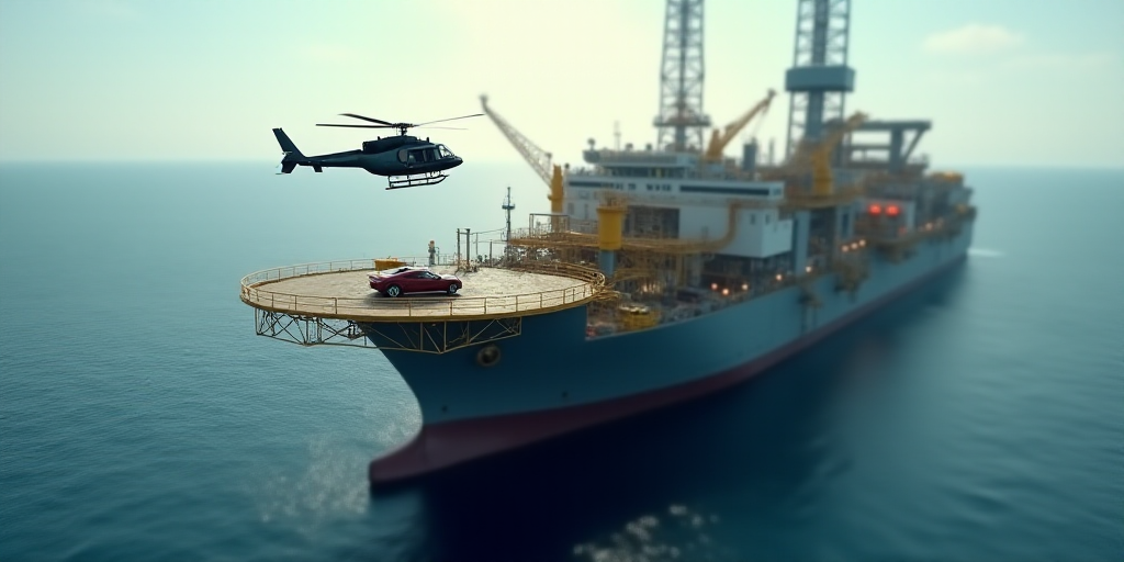 a helicopter is flying over a large oil rig in the ocean with a helicopter nearby on the deck of the