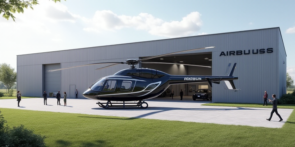 a helicopter parked in front of a hangar with people standing around it and a building behind it wit