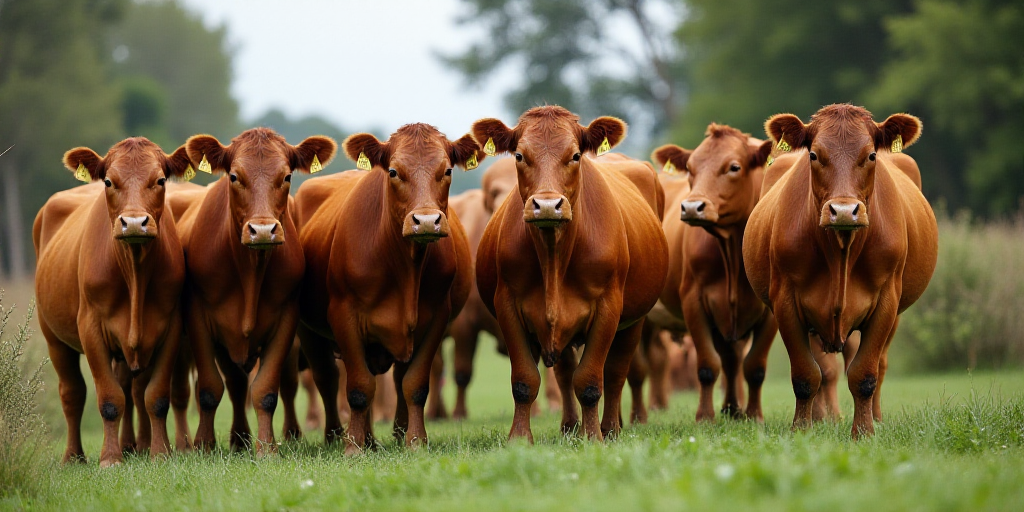 a herd of brown cows standing on top of a grass covered field next to trees and bushes with tags on