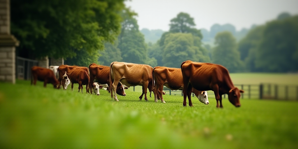 a herd of cattle grazing on a lush green field next to a fenced in area with trees and a stone pilla
