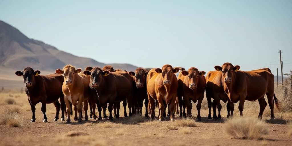 a herd of cattle standing next to each other on a dirt field next to a fence and a mountain, Andries
