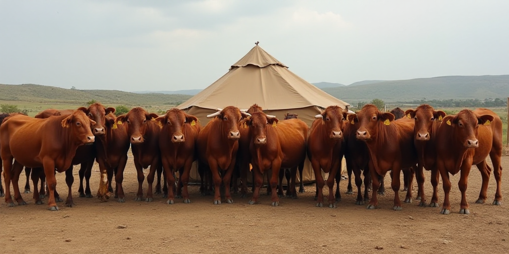 a herd of cattle standing next to each other on a dirt field in front of a fence and a tent, Elizabe