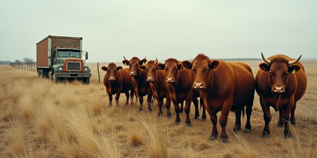 a herd of cattle standing on top of a dry grass field next to a fence and a truck in the background,
