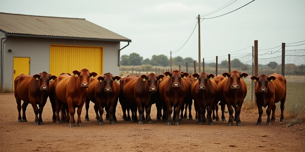 a herd of cattle standing on top of a dirt field next to a fence and a building with a yellow gate,