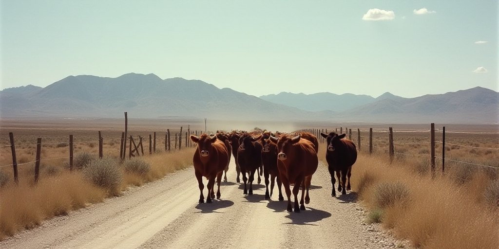 a herd of cattle walking down a dirt road next to a fenced in area with mountains in the background,