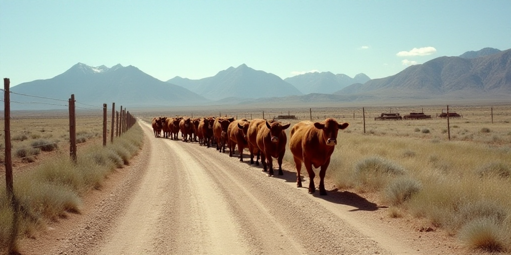 a herd of cattle walking down a dirt road next to a fenced in area with mountains in the background,