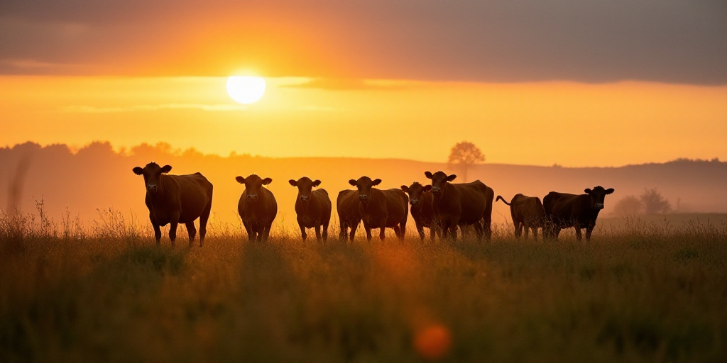 a herd of cows standing on top of a grass covered field at sunset or dawn in a field of grass, Arie