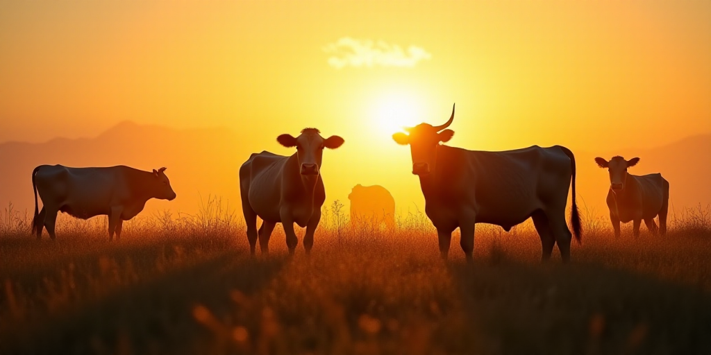 a herd of cows standing on top of a grass covered field at sunset or dawn in a field of grass, Arie