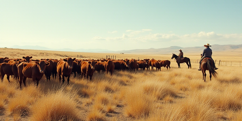 a herd of cows standing on top of a dry grass field next to a fence and a person on a horse, Clovis