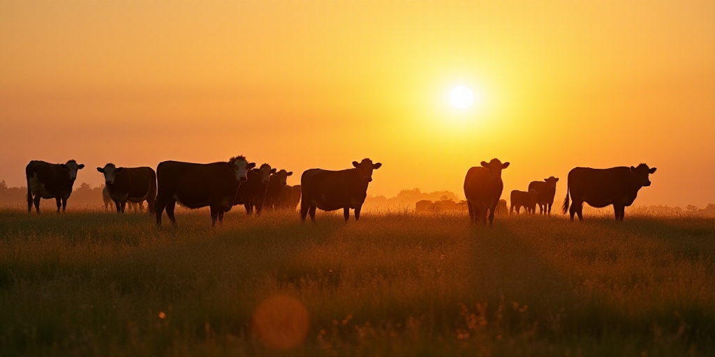 a herd of cows standing on top of a grass covered field at sunset or dawn in a field of grass, Arie