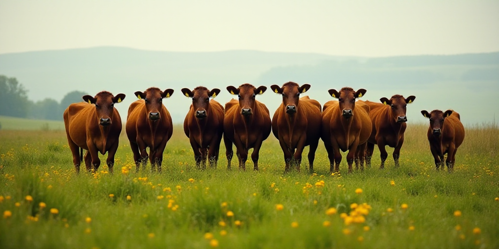 a herd of cows standing on top of a lush green field of grass covered in yellow tags and yellow tags
